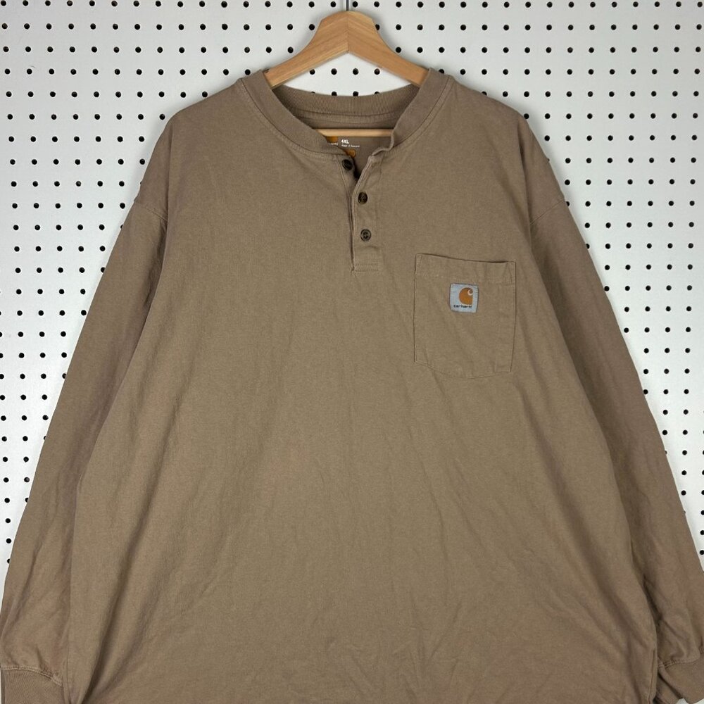 Carhartt Henley Long Sleeve T Shirt‎ Men 4XL Tan Brown Pocket Work Wear Dearborn - Picture 2 of 7